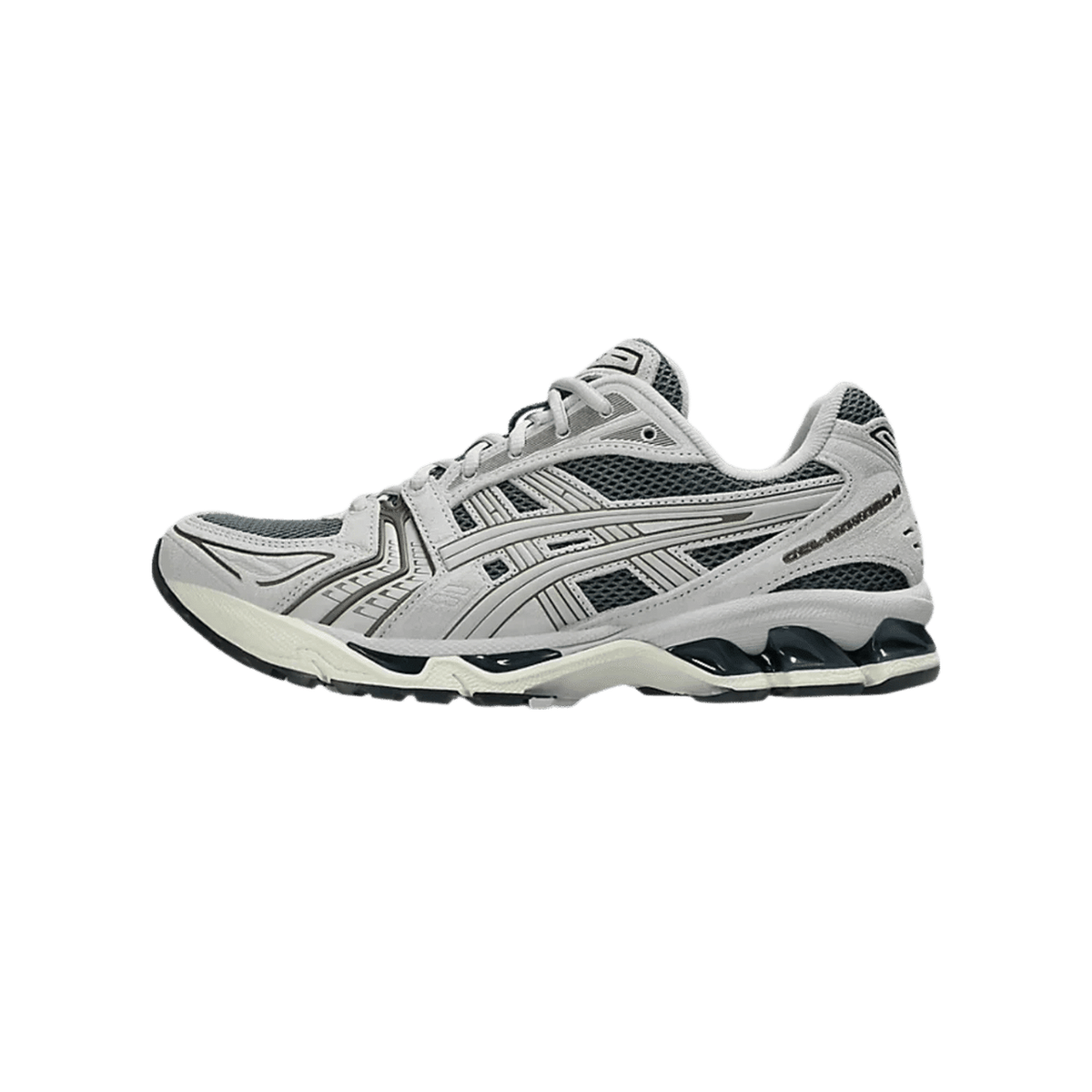Left Asics Gel-Kayano 14 sneaker in gray and white with dark gray overlays and ASICS branding on the side, shown facing left.