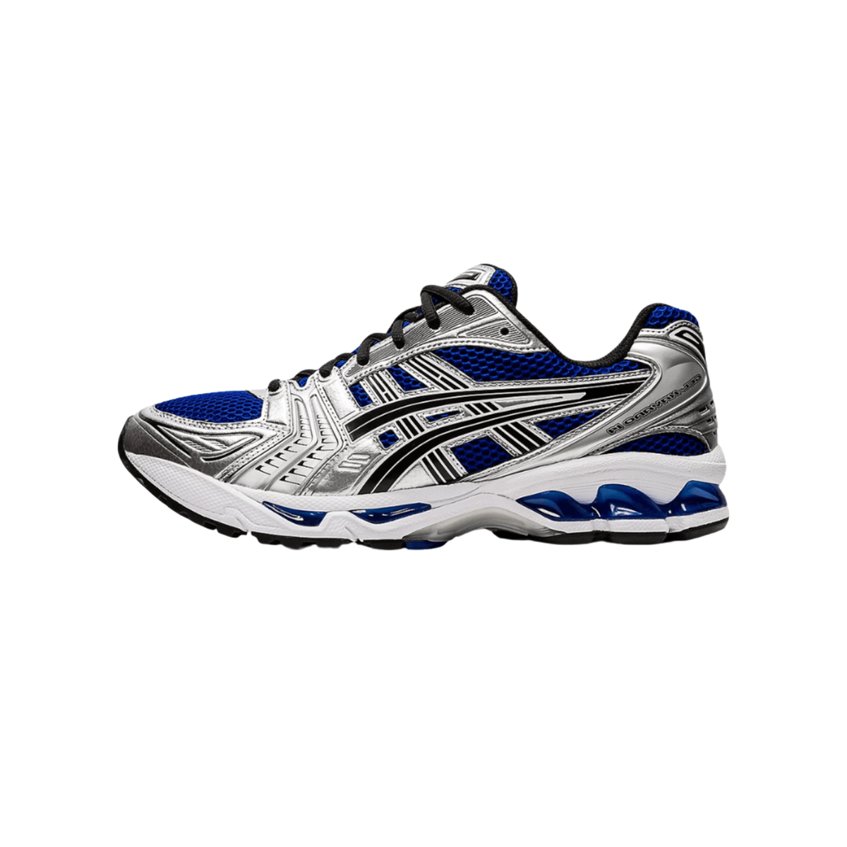 Lateral view of an Asics Gel-Kayano 14 running shoe in blue, silver, white and black with a visible gel cushioning unit in the heel.