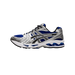Lateral view of an Asics Gel-Kayano 14 running shoe in blue, silver, white and black with a visible gel cushioning unit in the heel.