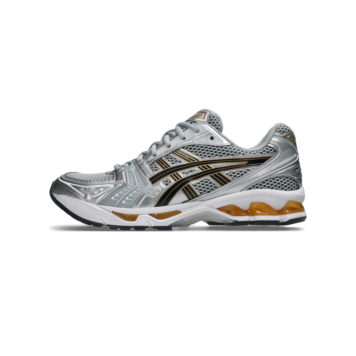 Side view of a silver and black Asics Gel-Kayano 14 running shoe with gold accents on the sole, toe pointing right
