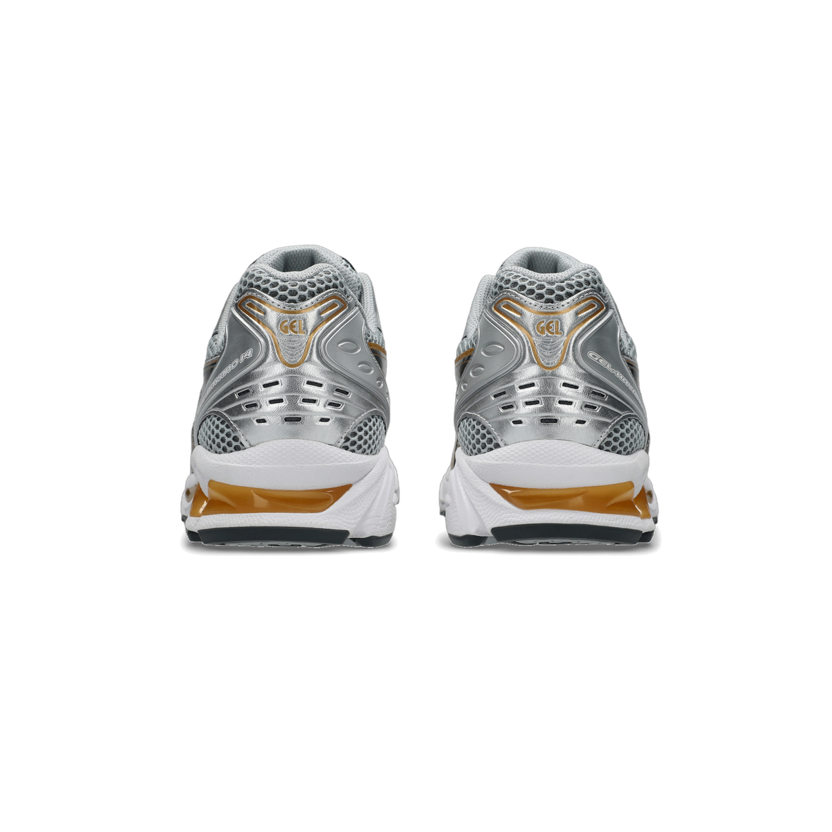 Rear view of a pair of Asics Gel-Kayano 14 sneakers in silver and grey with gold heel accents and white midsoles.