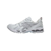 Right-side profile view of a white Asics Gel-Kayano 14 sneaker with grey mesh panels, grey Asics side stripes, and a red, white, and navy striped pull tab at the heel.