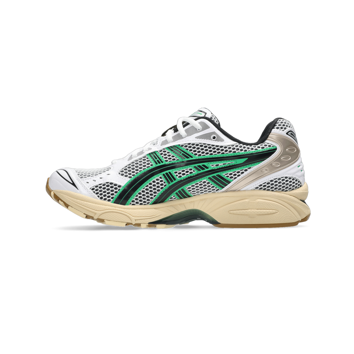 Side view of a white Asics Gel-Kayano 14 sneaker with green mesh overlays, black accents, and a beige midsole.