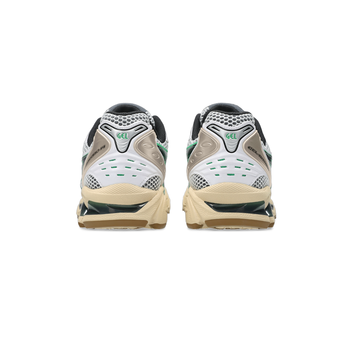 Rear view of both Asics Gel-Kayano 14 sneakers in white, beige, and green with visible GEL heel branding and beige midsole.