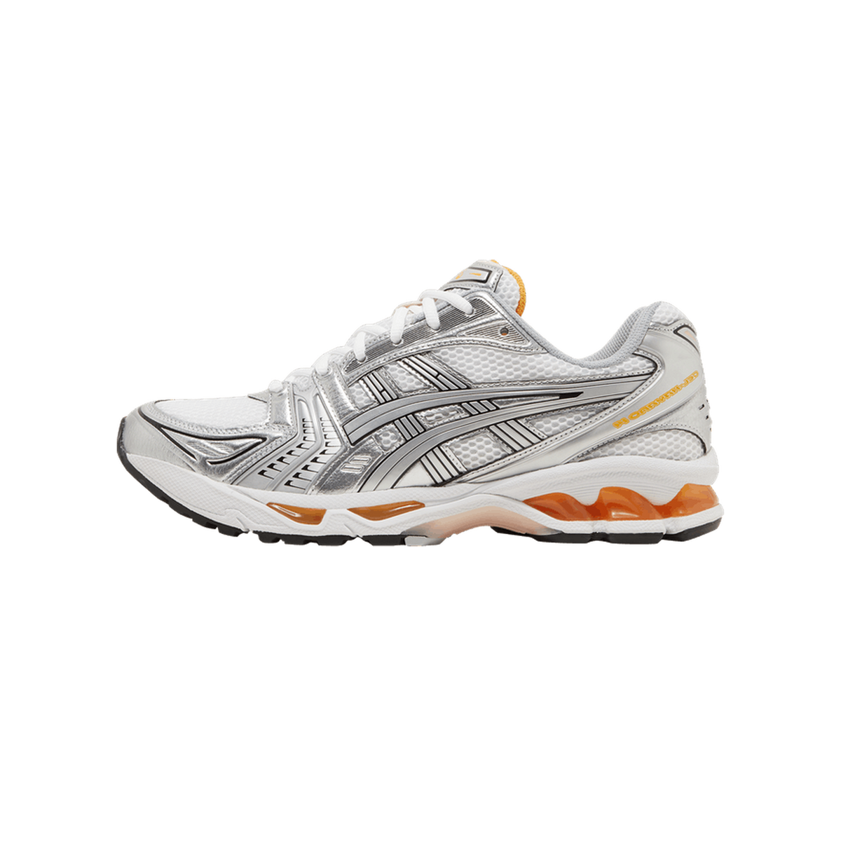 Side profile of a white, silver, and orange ASICS Gel-Kayano 14 running shoe with the toe pointing left, showing silver overlays, white mesh panels, and orange gel cushioning visible at the midsole and heel.