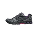 Side profile of a single grey and black ASICS Gel-Kayano 14 running shoe with purple accents at the heel collar and midsole, toe pointing left, showing mesh panels and silver overlays.