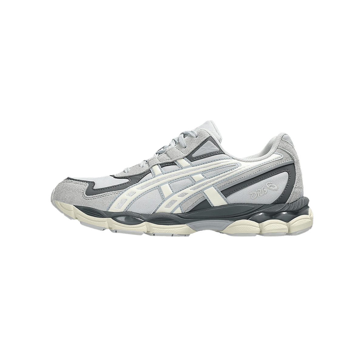 Side view of a grey and cream Asics Gel-NYC 2055 sneaker with toe pointing left, showing suede panels, mesh upper, and chunky outsole.