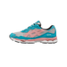 Side view of a teal and pink Asics Gel-NYC sneaker with grey mesh panels and white midsole, toe pointing left
