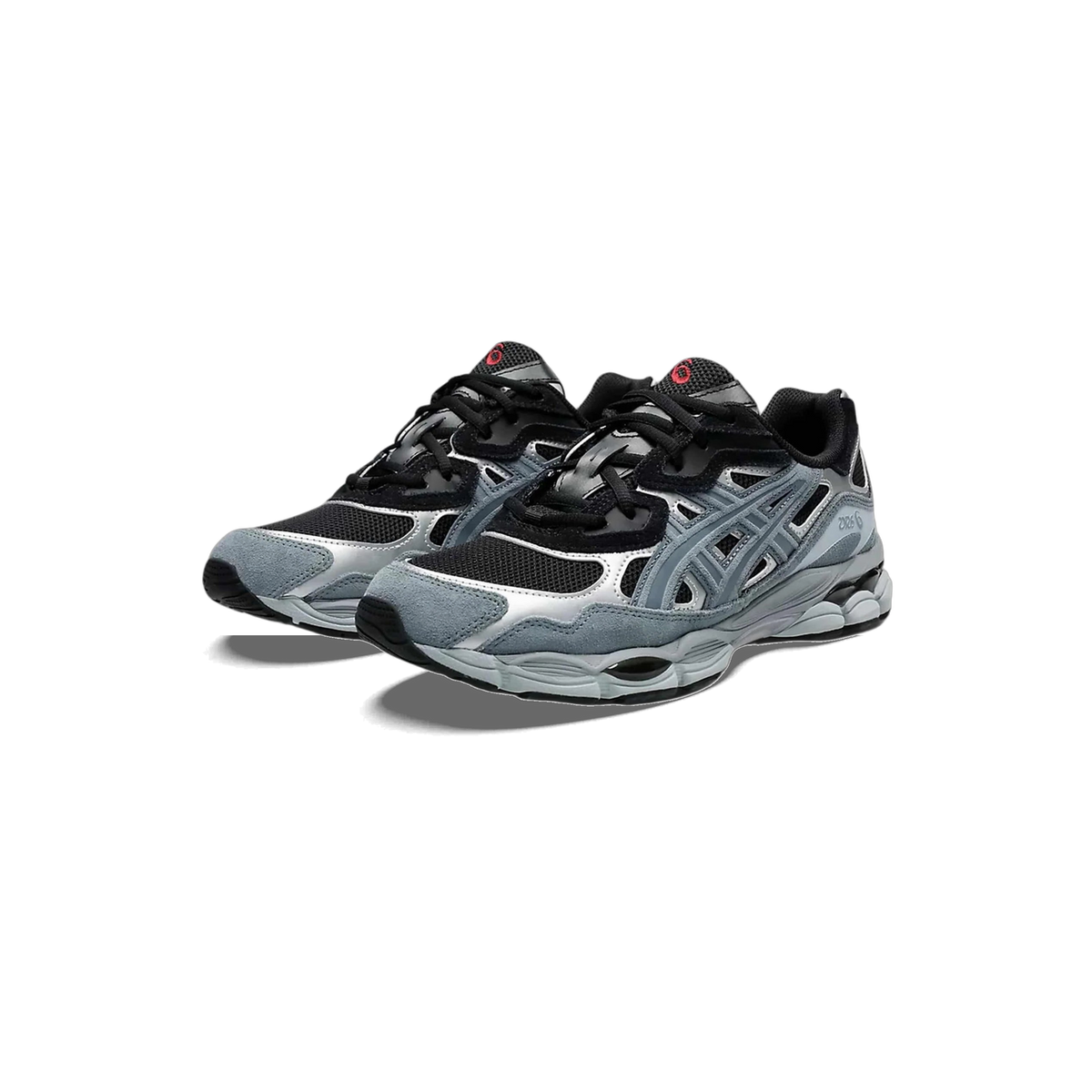 Pair of black and grey ASICS Gel-NYC sneakers with mesh panels, suede overlays, and silver branding, angled toward the left