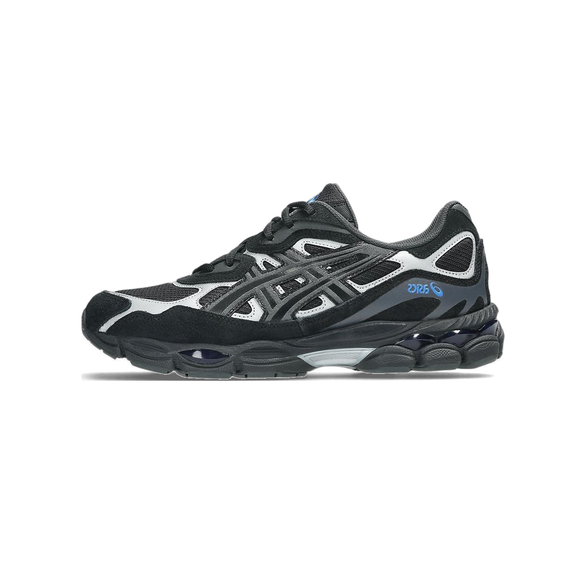 Side view of a black and gray Asics Gel-NYC sneaker with silver overlays, blue accents, and a chunky black outsole, toe pointing left.