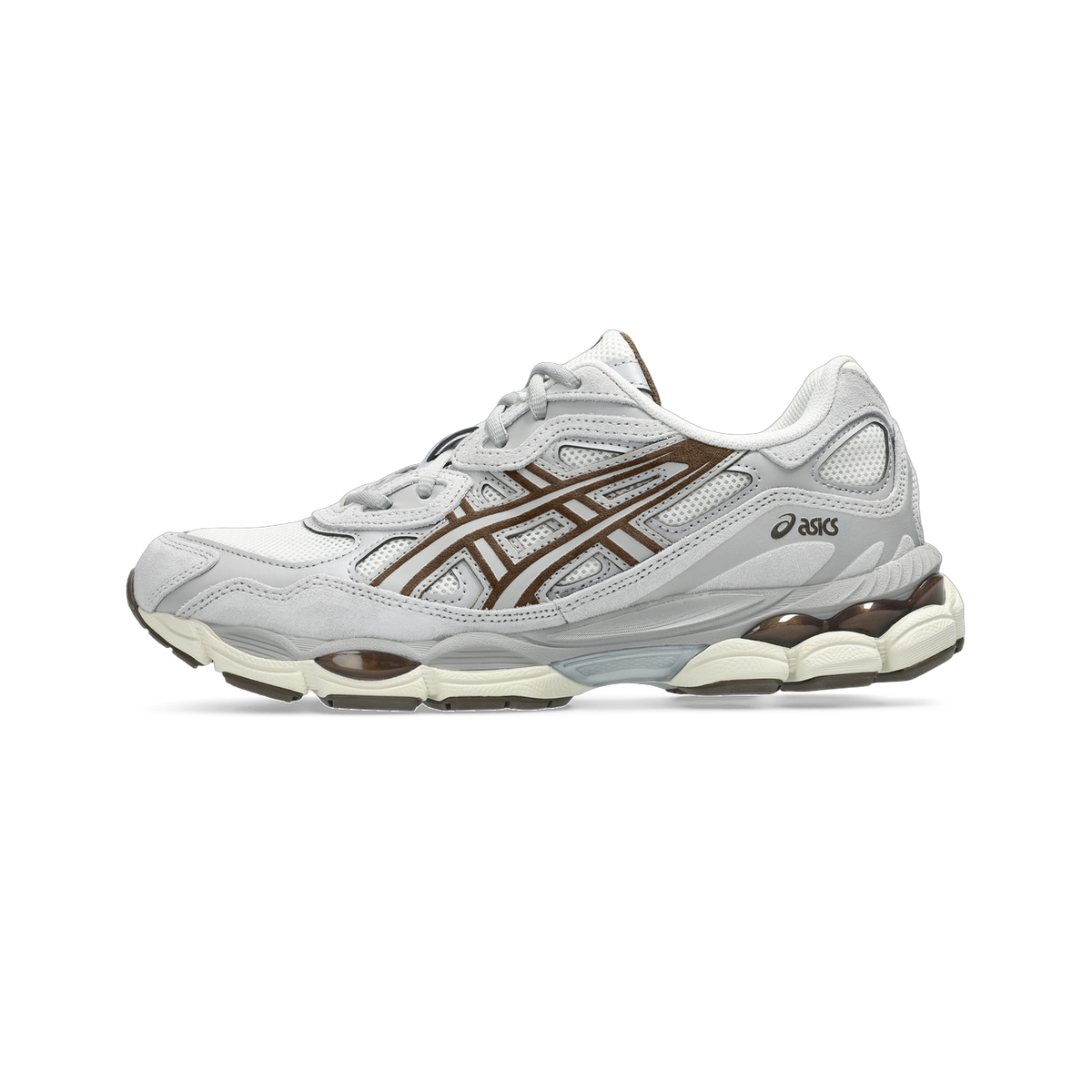 Lateral view of an Asics Gel-NYC sneaker in grey and white with brown geometric overlays and a visible brown gel unit in the cream outsole.
