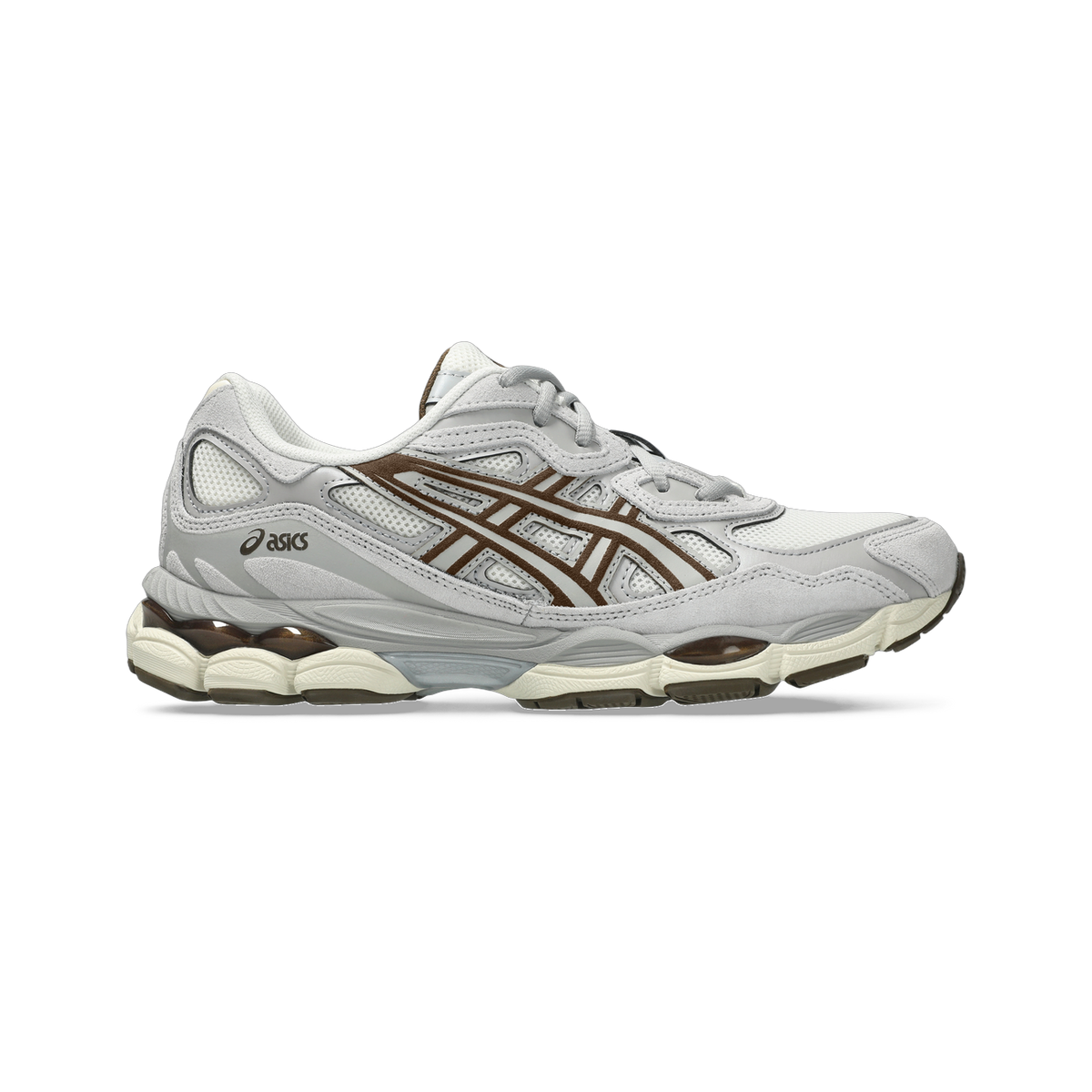 Right side view of a grey and cream Asics Gel-NYC sneaker with brown lattice overlay stripes and a cream midsole with visible gel cushioning unit at the heel.