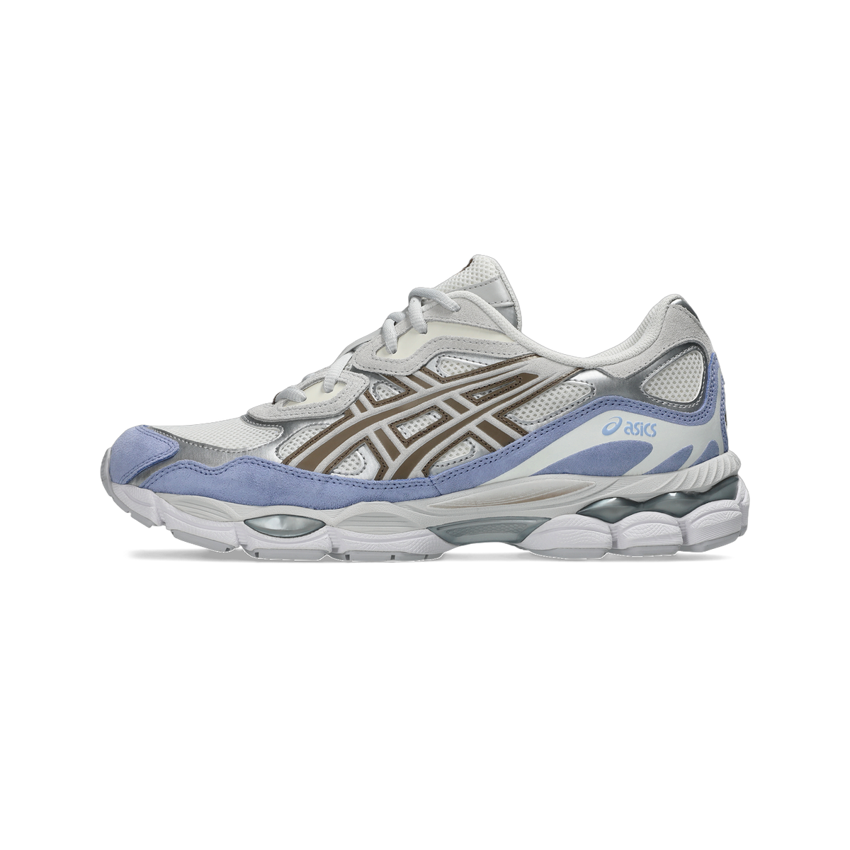 Lateral view of a white and periwinkle blue Asics Gel-NYC sneaker with brown geometric overlays and a chunky white midsole.
