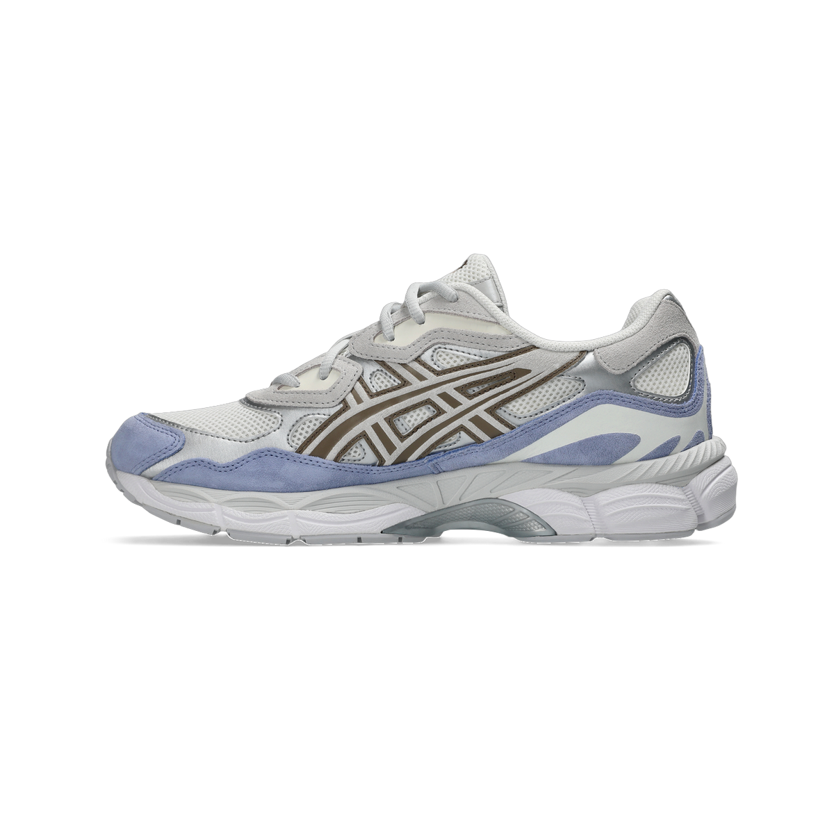 Side view of a white and grey Asics Gel-NYC sneaker with blue suede overlays, brown mesh detailing, and a chunky white and grey outsole.