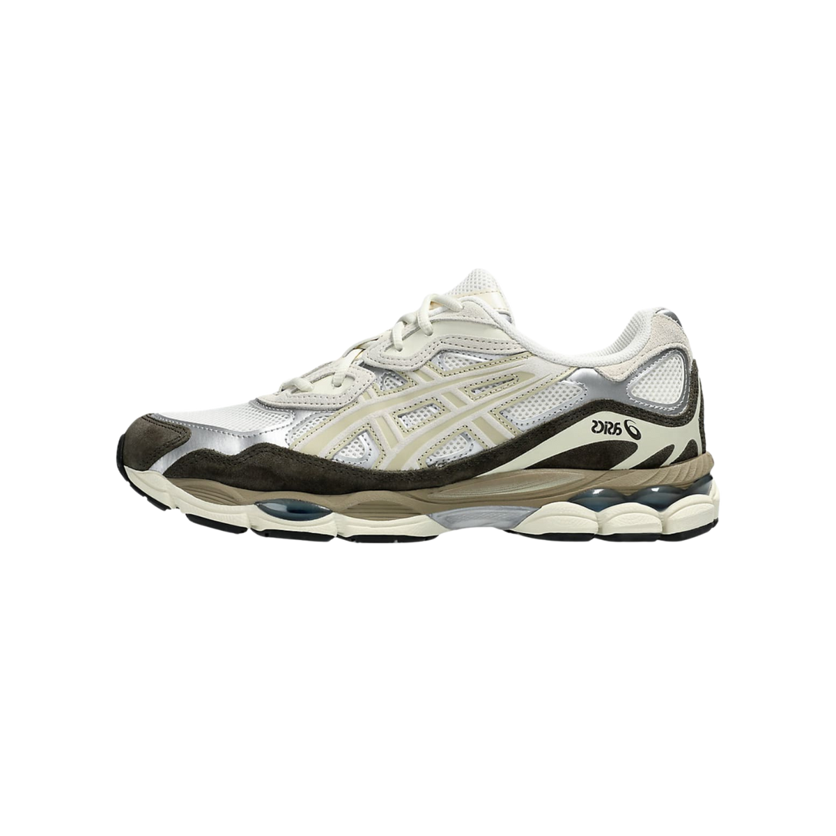 Side view of a cream and white Asics Gel-NYC sneaker with dark brown suede overlays and visible gel cushioning in the heel, toe pointing left