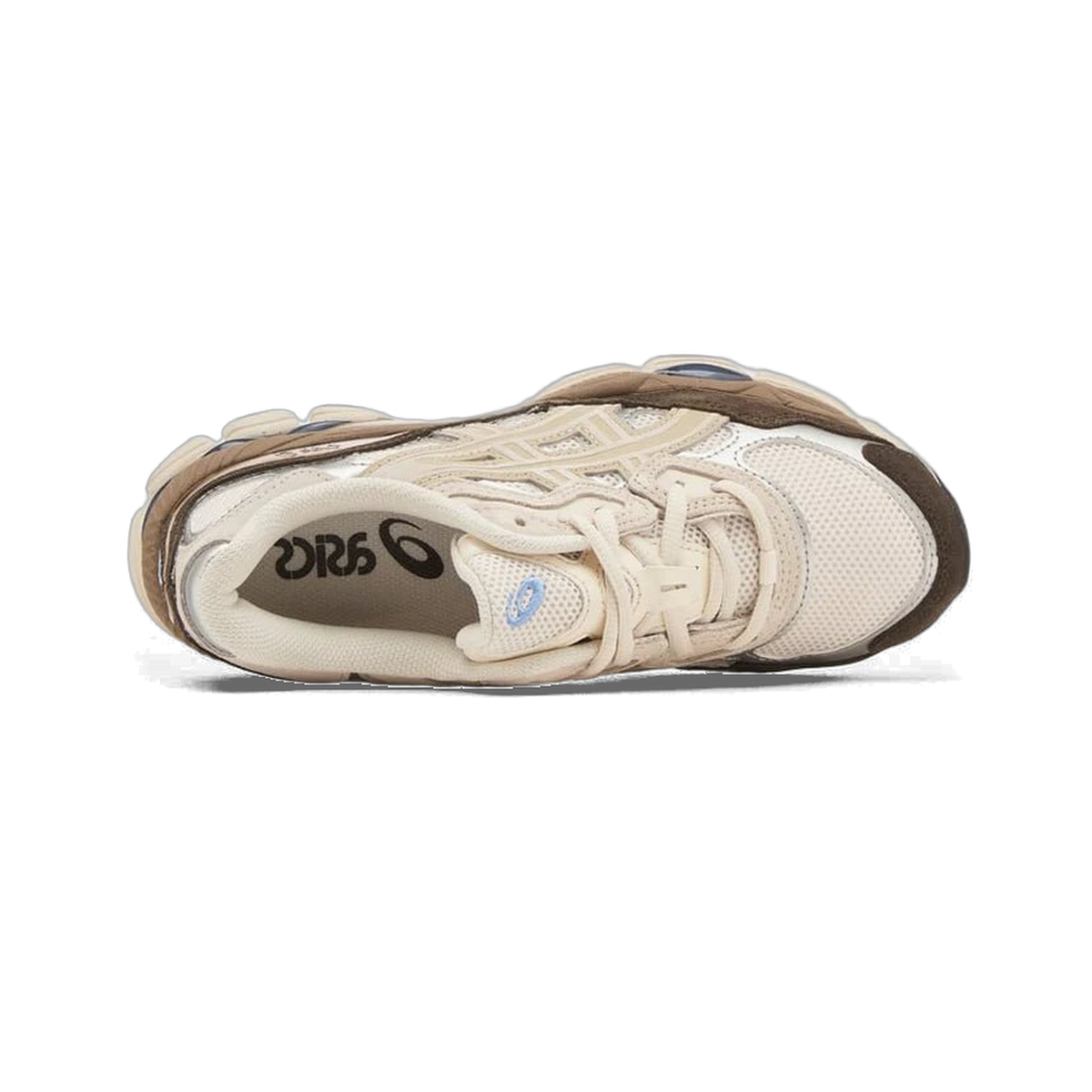 Top-down view of a cream and white Asics Gel-NYC sneaker with brown trim and the Asics logo printed on the cream insole.