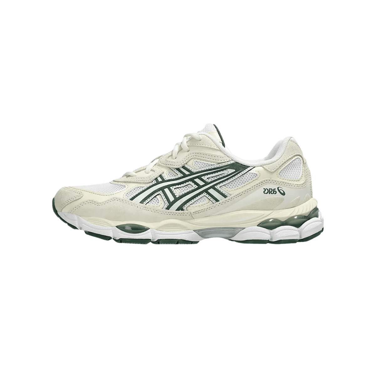 Side view of an ASICS Gel-NYC sneaker in ivory with dark green stripe overlays and heel accent, toe pointing left