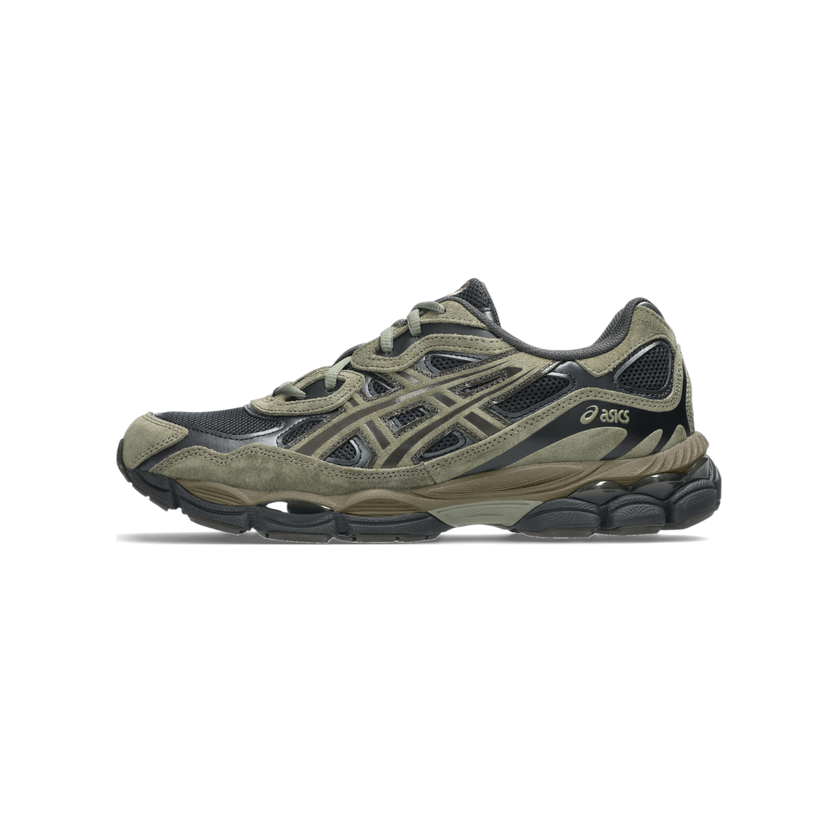 Side view of an Asics Gel-NYC sneaker in olive green suede and black mesh with a visible gel cushioning unit in the brown midsole, toe pointing left.
