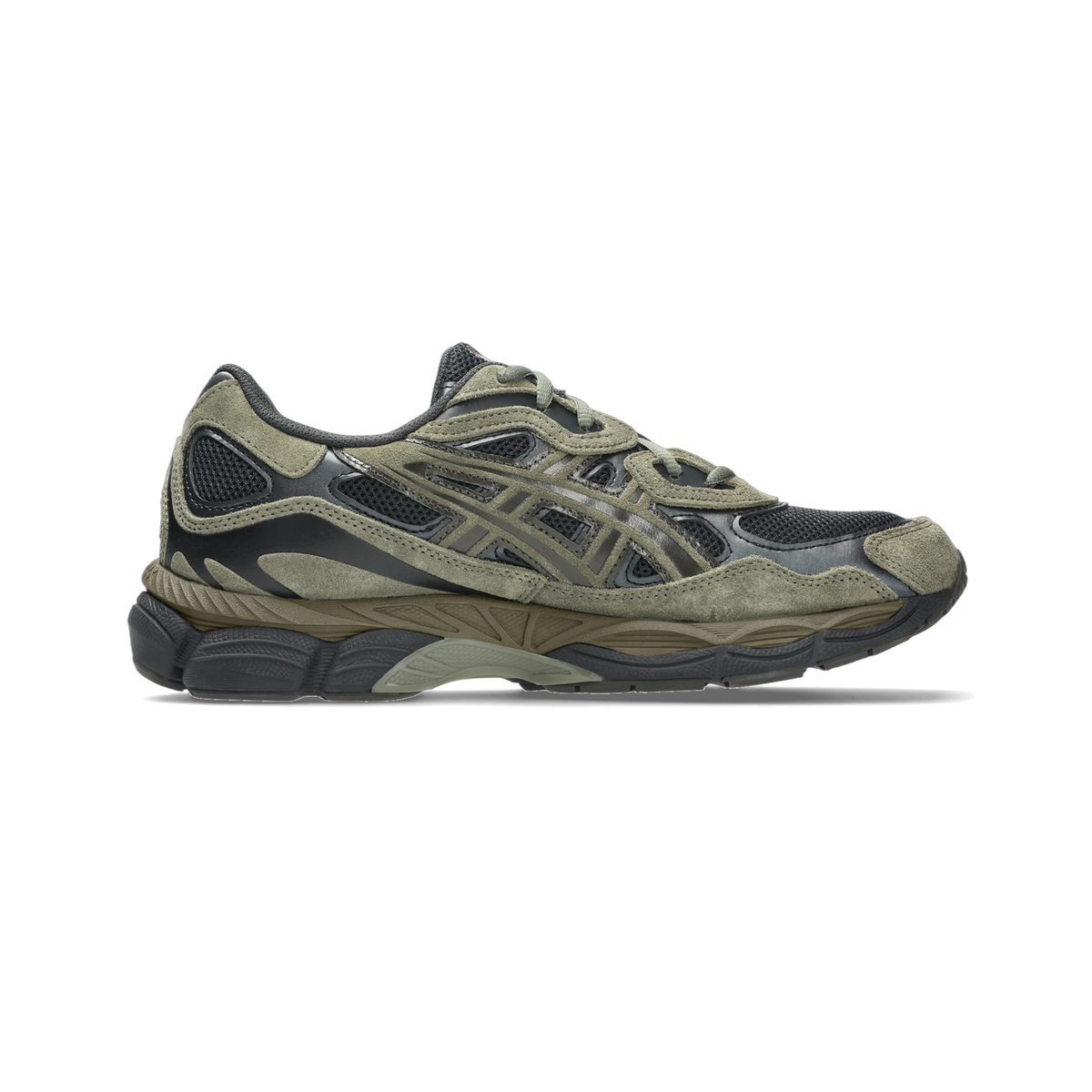 Side view of a right-facing Asics Gel-NYC sneaker in loden green suede and black mesh with graphite gray overlays and a chunky two-tone midsole.