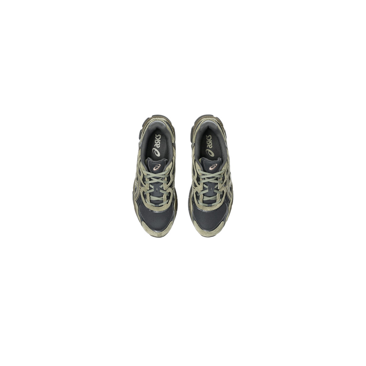 Top-down view of a pair of Asics Gel-NYC sneakers in olive green suede and black mesh with Asics branding visible on the black tongues