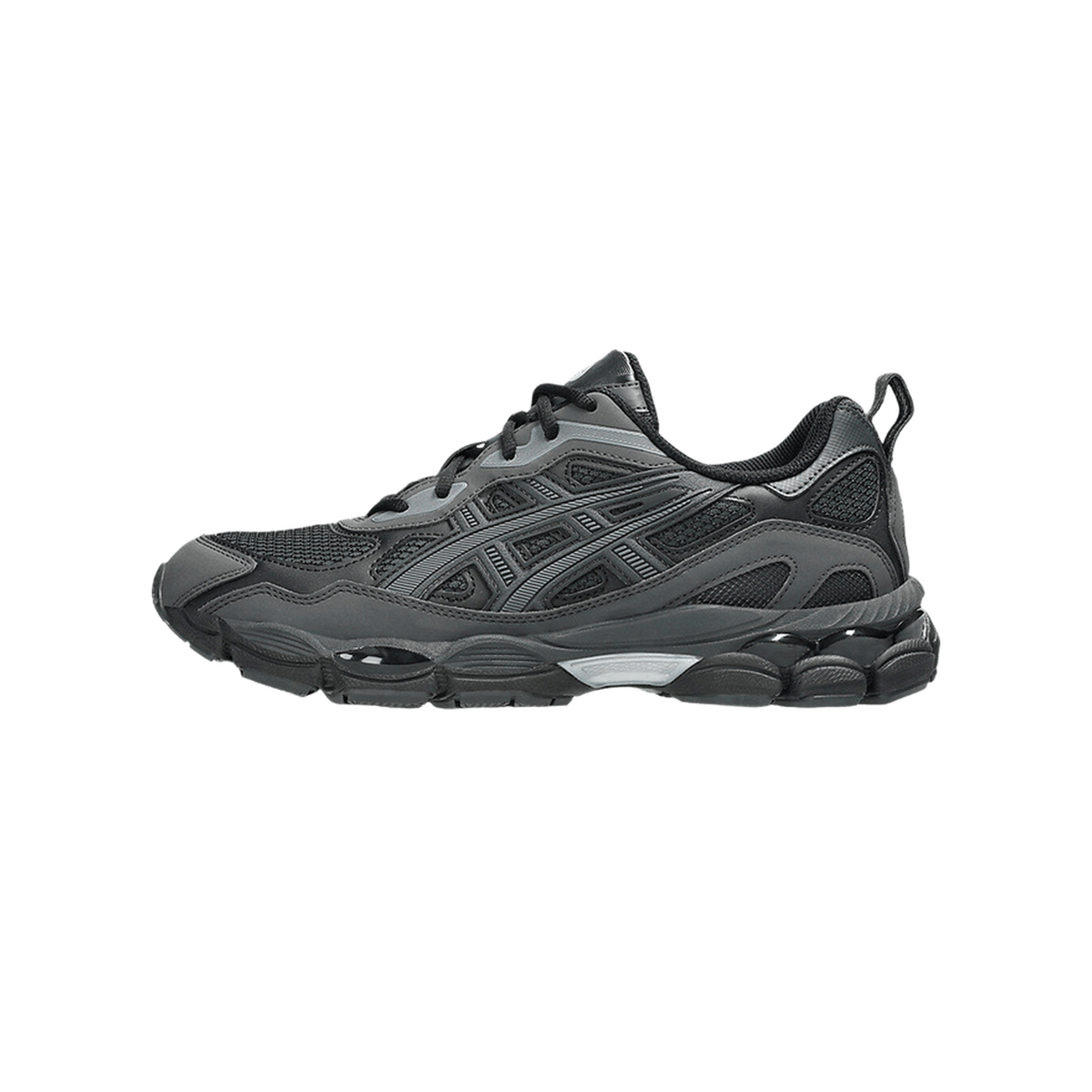 Side view of a black and graphite grey Asics Gel-NYC sneaker with toe pointing left, showing mesh panels and chunky layered outsole