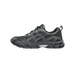Side view of a black and graphite grey Asics Gel-NYC sneaker with toe pointing left, showing mesh panels and chunky layered outsole