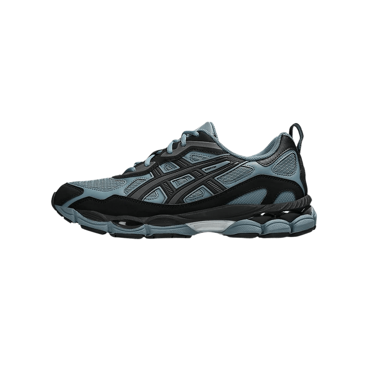 Side view of an Asics Gel-NYC sneaker in light blue-grey and black with layered mesh panels and a chunky midsole, toe pointing left.