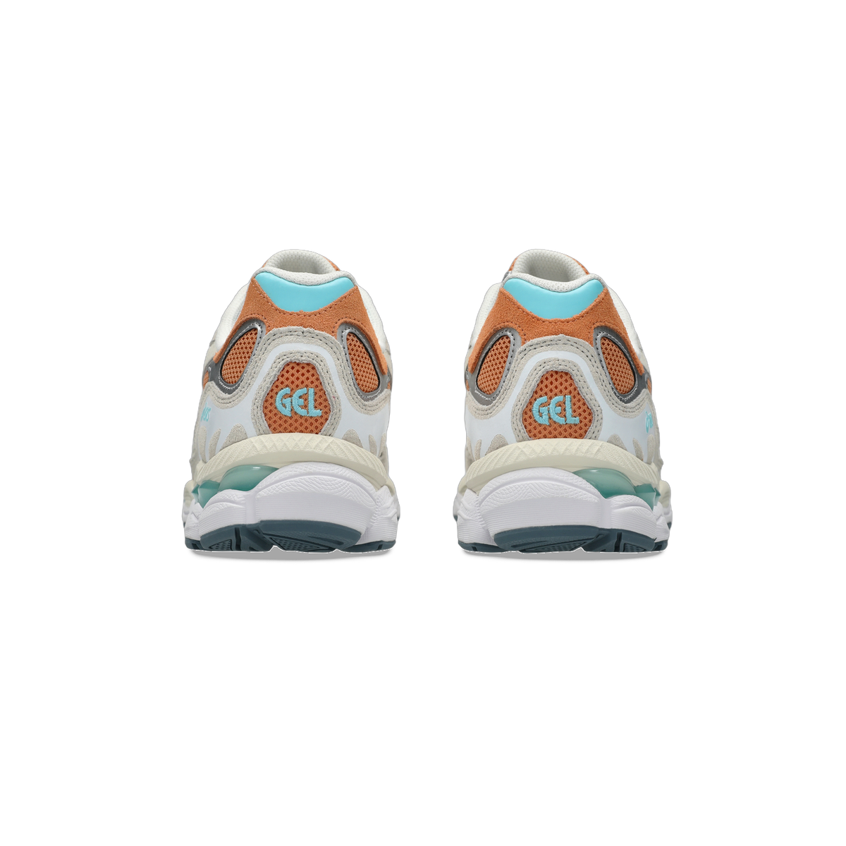 Rear view of a pair of Asics Gel-NYC sneakers showing orange and cream heel panels with visible turquoise gel cushioning units and the GEL logo on each heel.