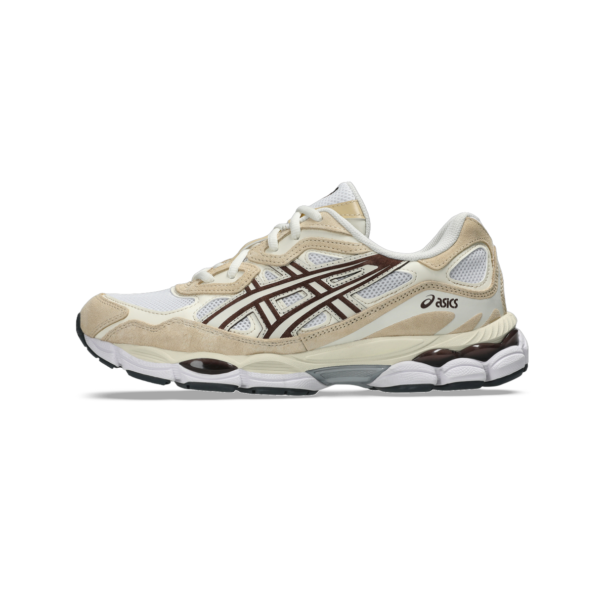 Side view of a white and tan Asics Gel-NYC sneaker with brown zigzag overlays and a translucent brown heel gel unit.