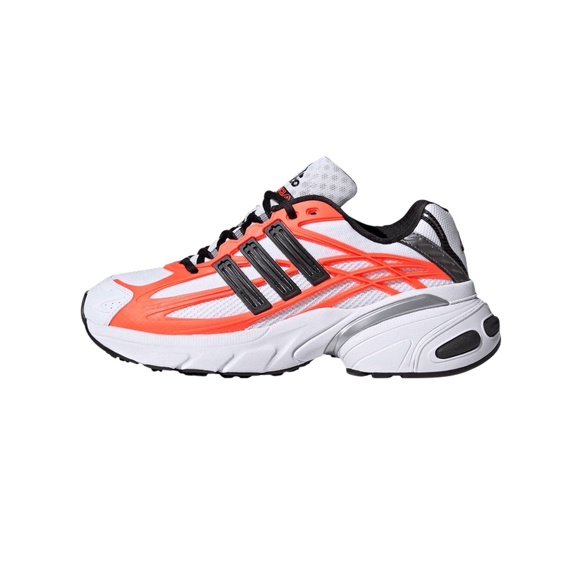 Side view of a white Adidas Adistar XLG 2.0 running shoe with orange overlays, black three-stripe logo, and a chunky white midsole.