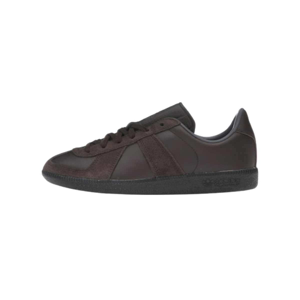 Side view of a dark brown Adidas BW Army sneaker with toe pointing left, featuring suede panel overlays and a brown outsole with Trefoil logo.