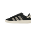 Black suede adidas Campus 00s sneaker with leopard print three stripes, off-white heel tab, and white midsole, shown from the side with toe pointing left.