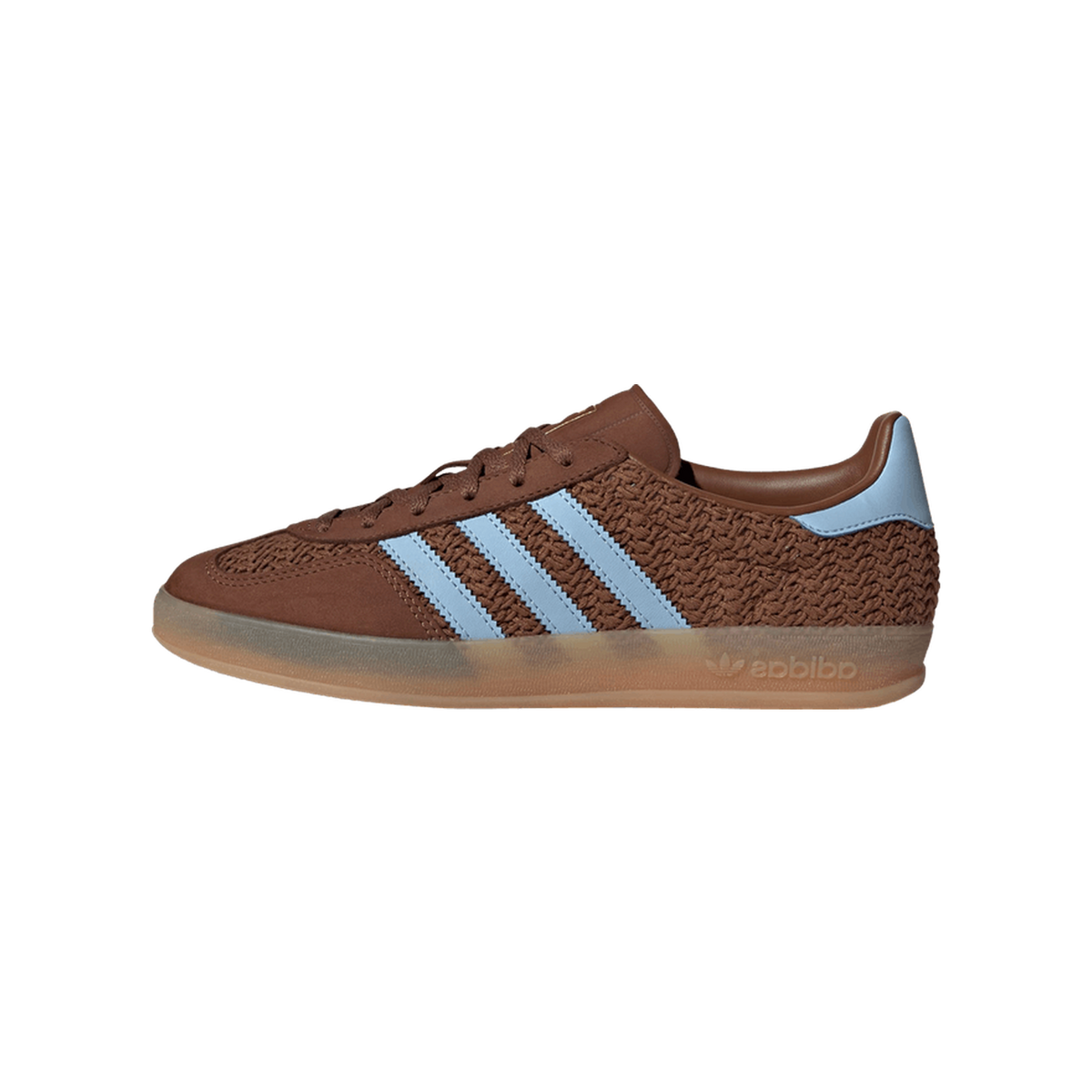 Right side view of a brown suede Adidas Gazelle Indoor sneaker with light blue stripes and heel tab, woven textured panel, and gum sole, toe pointing left