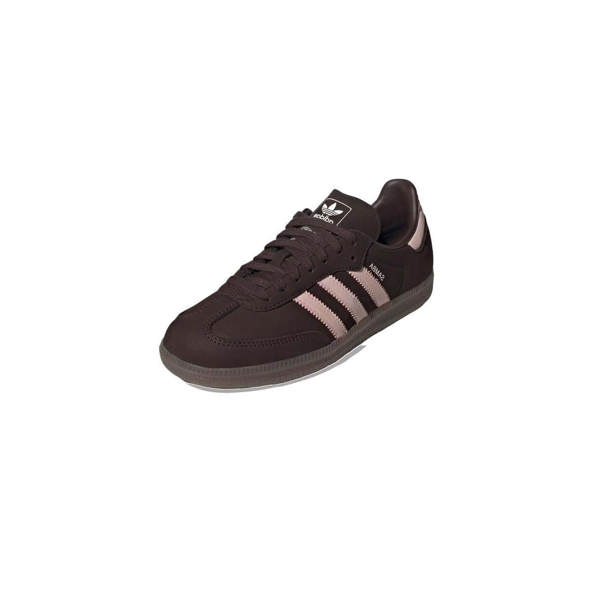Angled view of a dark brown Adidas Samba sneaker with pink three stripes, pink heel tab, and gum outsole.