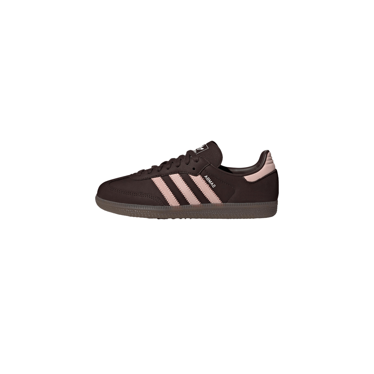 Side view of a dark brown Adidas Samba OG sneaker with pink three stripes, pink heel tab, and gum outsole