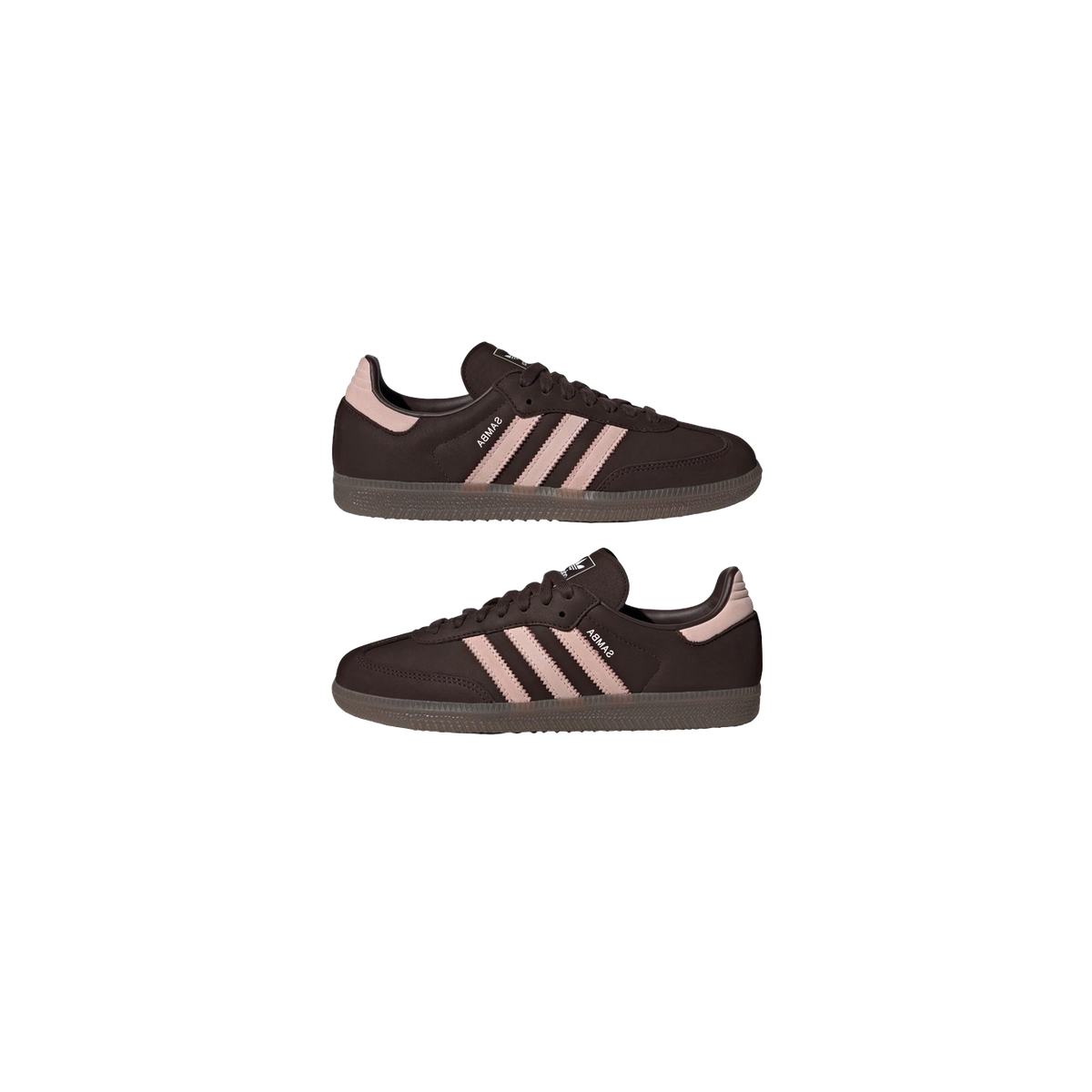 Two side-view images of a brown Adidas Samba OG sneaker with pink suede stripes and heel tab, facing opposite directions, on a gray background