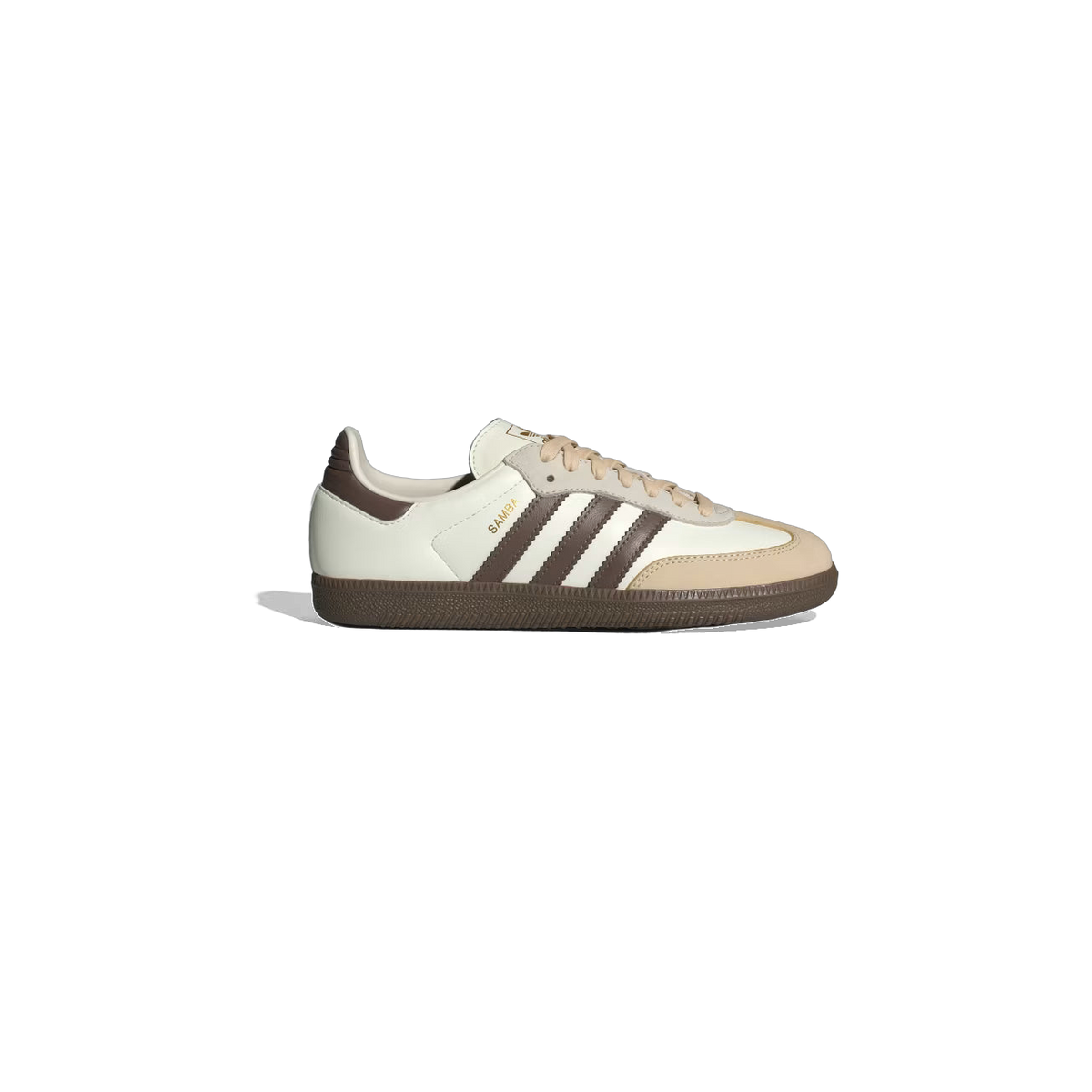 Side view of an off-white Adidas Samba OG sneaker with brown three-stripe overlays, brown heel patch, tan suede accents, and gum rubber sole.