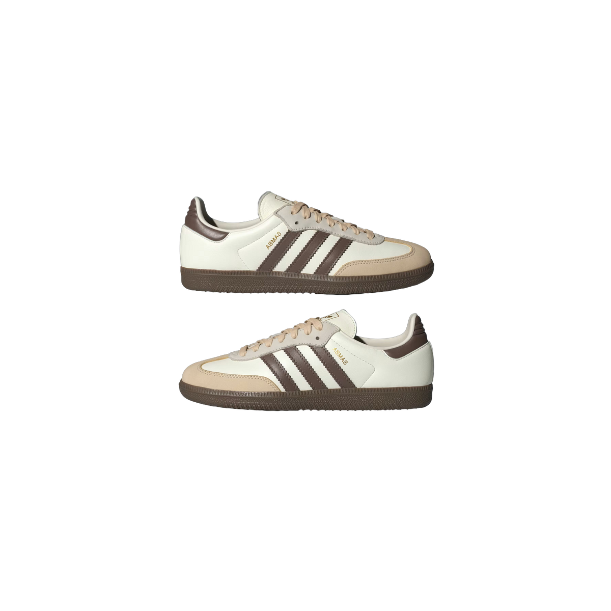 Both white Adidas Samba OG sneakers shown in side profile with brown three-stripe overlays, tan suede toe caps, brown heel tabs, and gum soles.