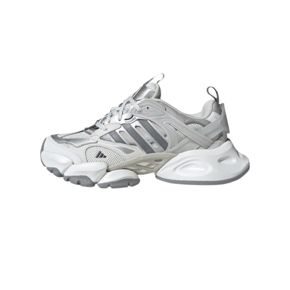 Side view of a grey, silver and white Adidas XLG Runner Deluxe sneaker with toe pointing left, showing chunky layered sole and mesh upper with silver stripes