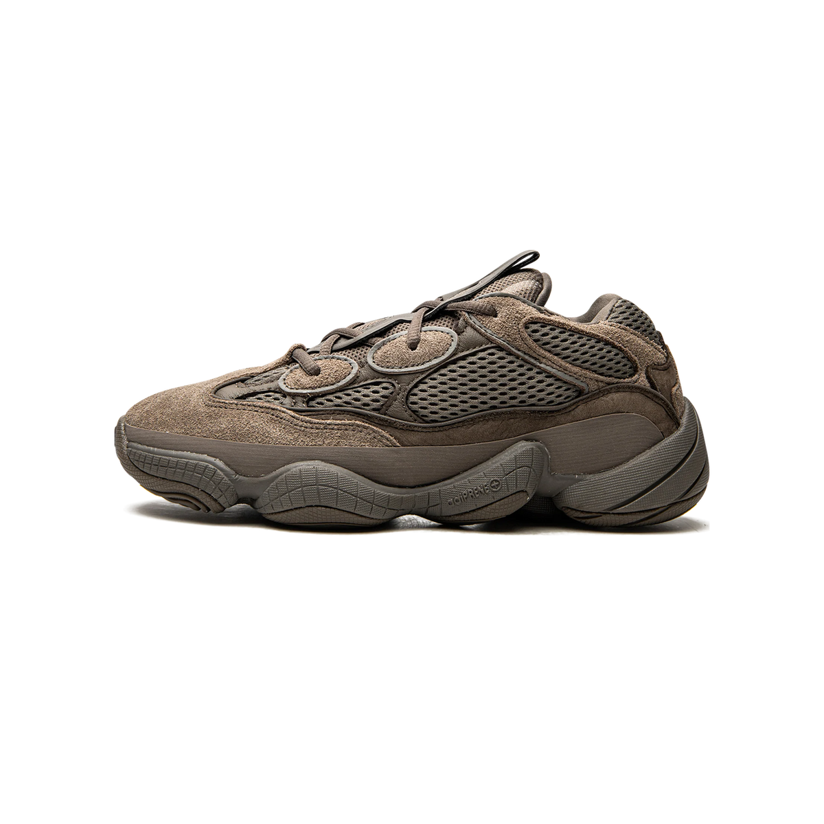 Side view of a brown Adidas Yeezy 500 sneaker with mesh panels, suede overlays, and a chunky layered midsole, toe pointing left.