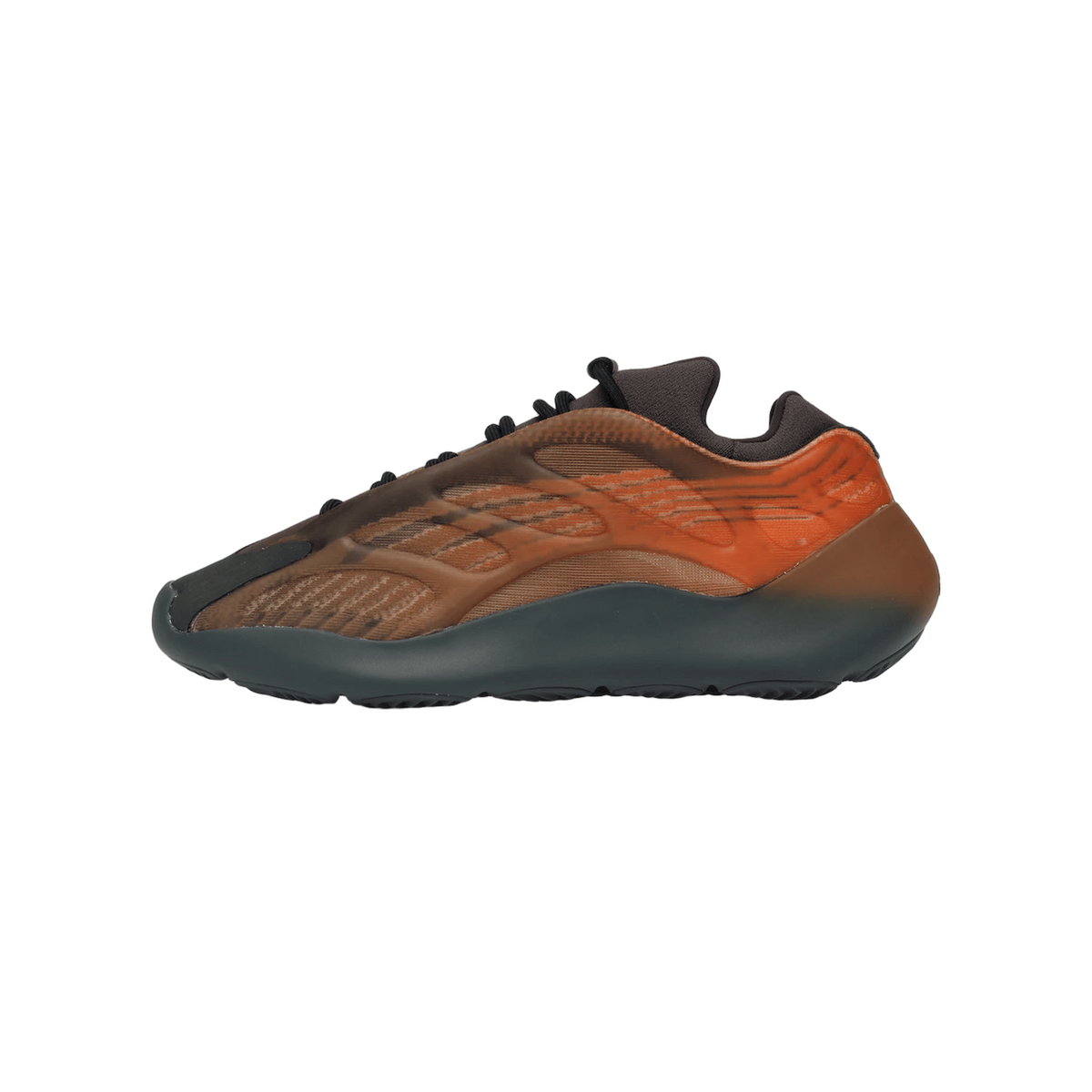 Side view of an Adidas Yeezy 700 V3 sneaker with a translucent orange-to-brown gradient upper, black laces, and a dark teal textured midsole.