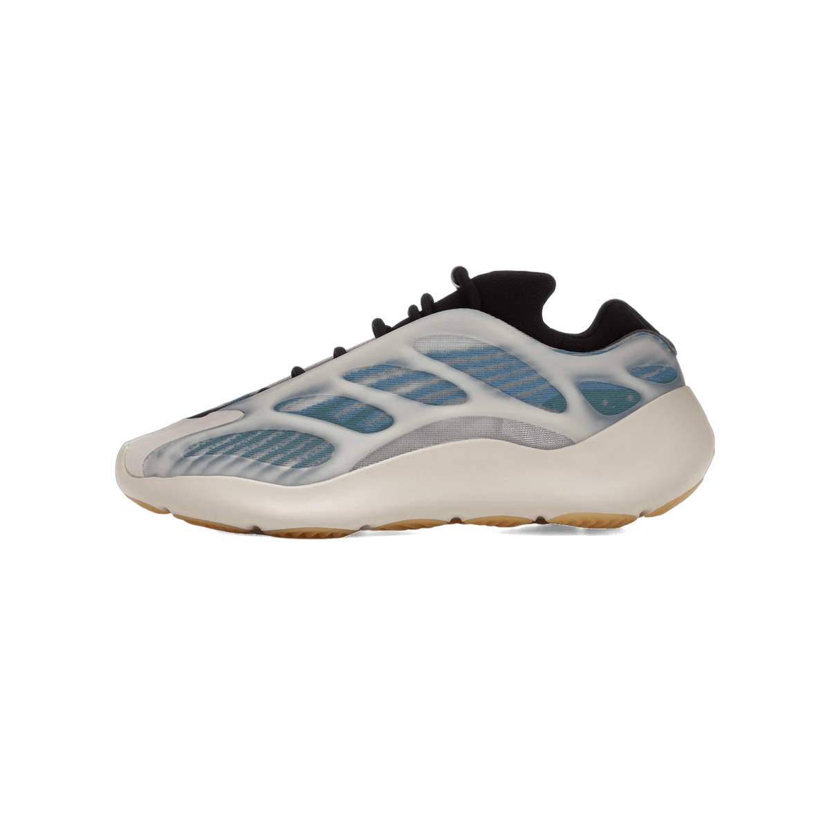 Side view of an adidas Yeezy 700 V3 Kyanite sneaker with a translucent off-white cage over blue striped mesh, black neoprene collar, and a gum outsole.