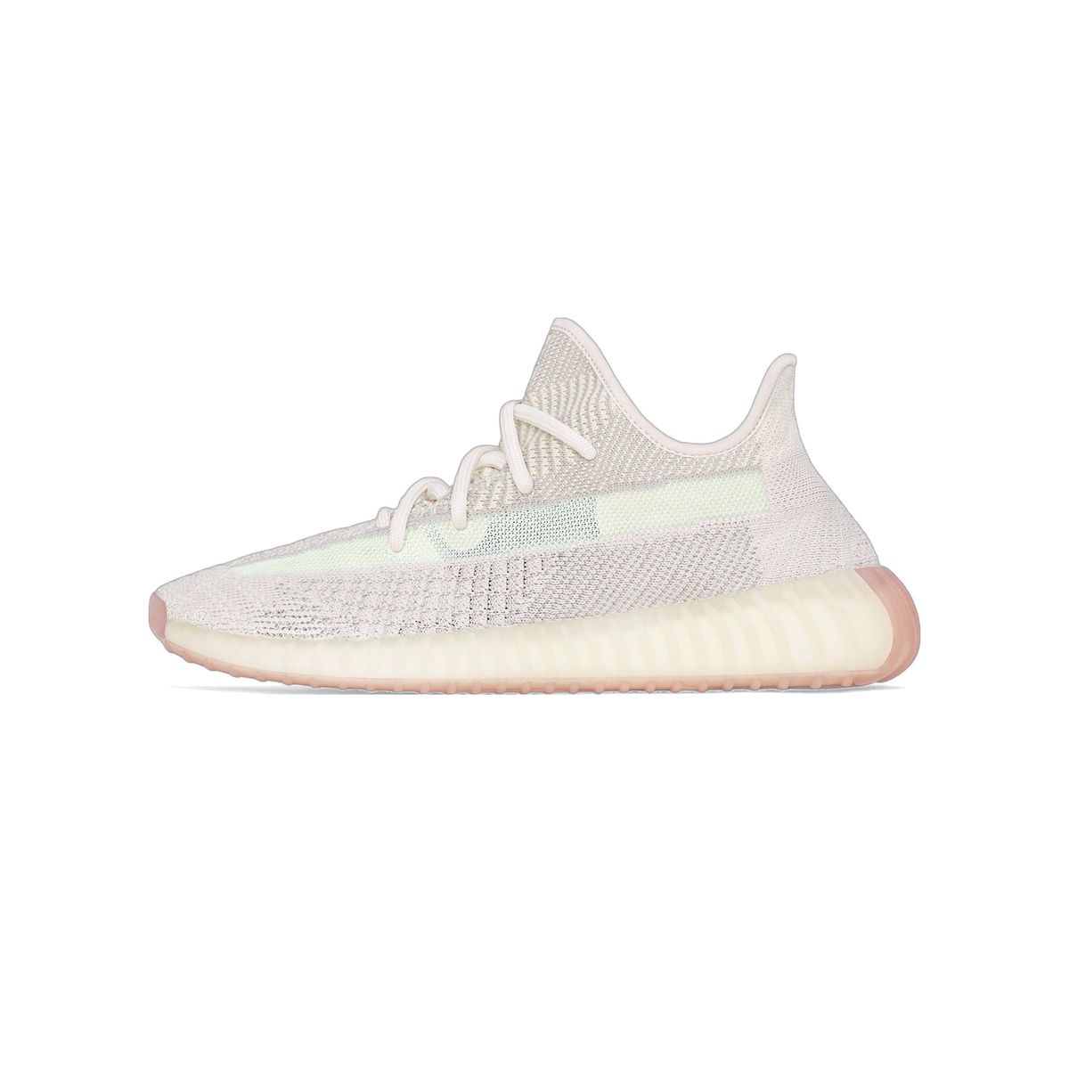 Side view of a cream and grey knit Yeezy Boost 350 V2 sneaker with a mint green side stripe and translucent pink midsole, toe pointing left.