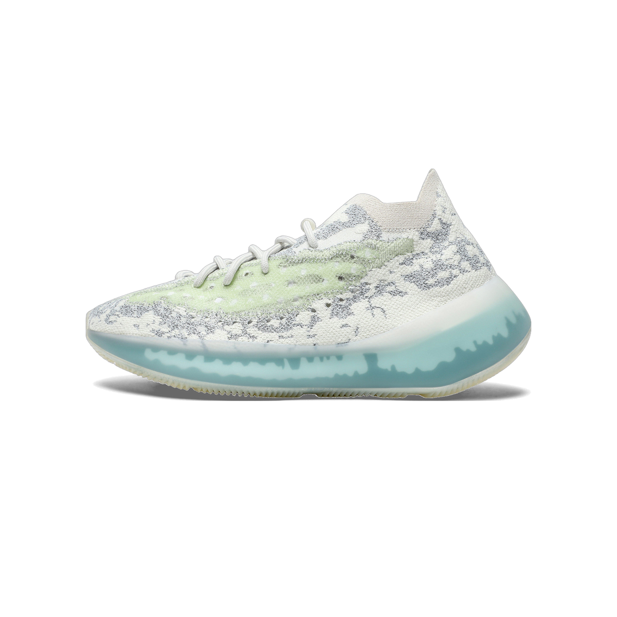 Side profile of a single white and pale-green knit adidas Yeezy Boost 380 sneaker with a teal-blue translucent midsole, toe pointing left, with grey speckled pattern on the upper and a light green overlay stripe.