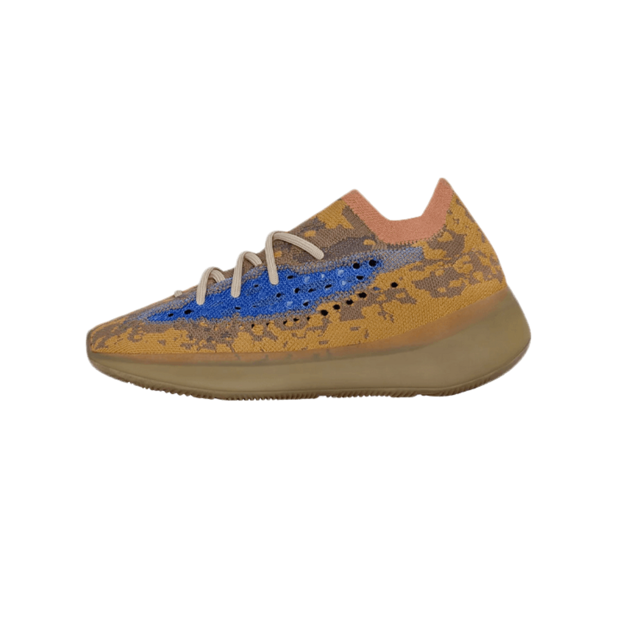Side view of an adidas Yeezy Boost 380 sneaker with a mottled tan and brown knit upper, a blue diagonal panel with perforations, a peach-toned heel collar, and a translucent tan outsole.
