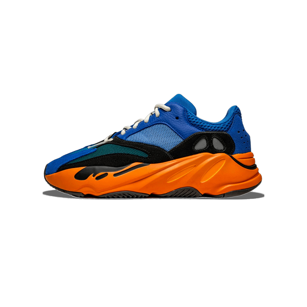 Single adidas Yeezy Boost 700 sneaker in blue mesh and suede with teal panel, black reflective heel clip, and bright orange chunky midsole, shown from the side with toe facing left.