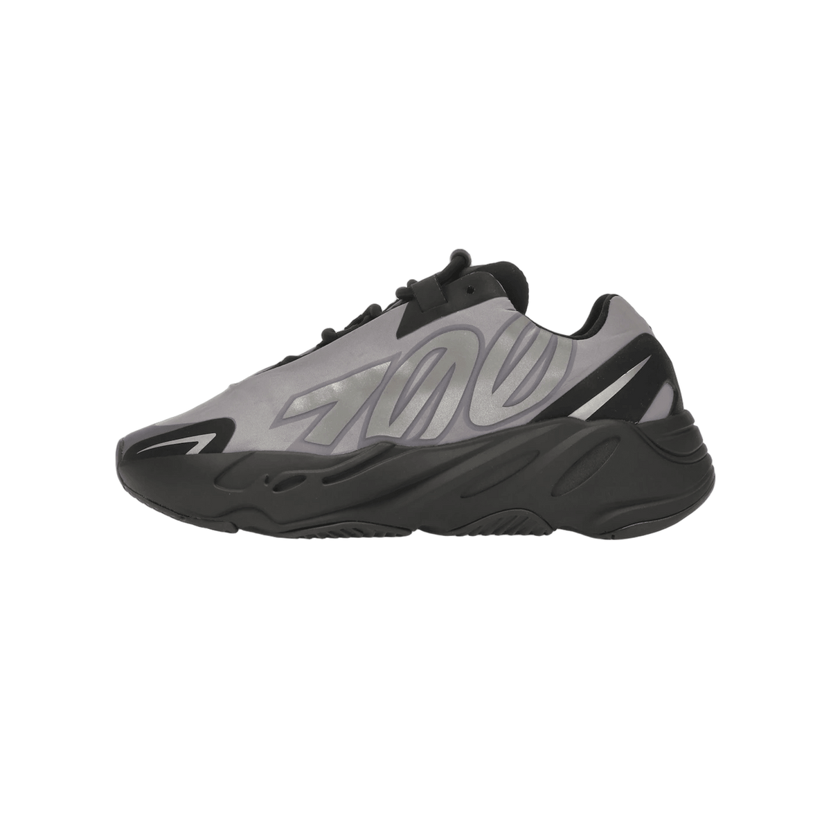 Side view of a gray Adidas Yeezy Boost 700 MNVN sneaker with black molded sole, toe pointing left, featuring a raised swirl pattern on the upper