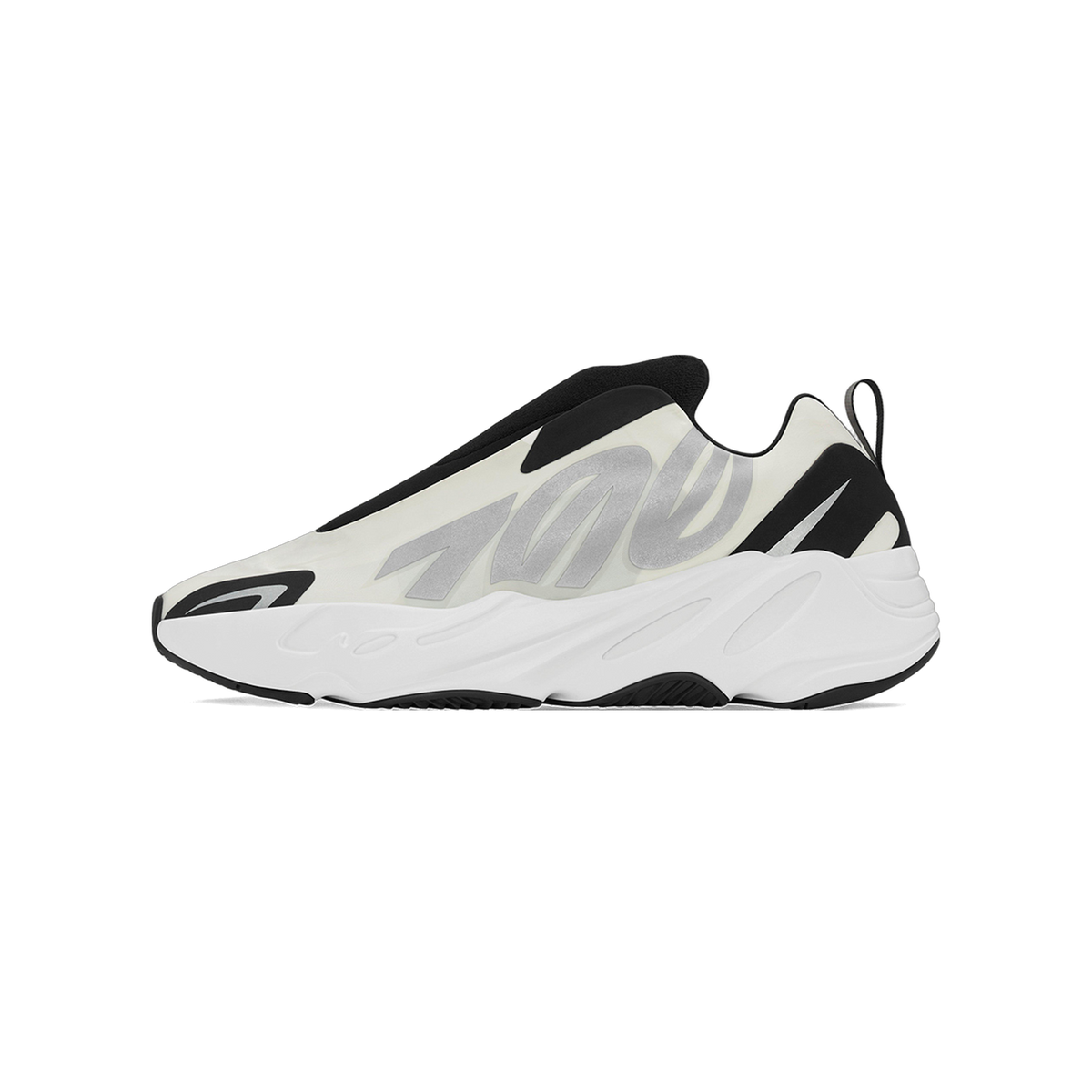 Side profile of a single white and black adidas Yeezy Boost 700 MNVN laceless sneaker, toe pointing left, showing the silver 700 graphic on the upper, black collar and heel accents, and white chunky midsole.