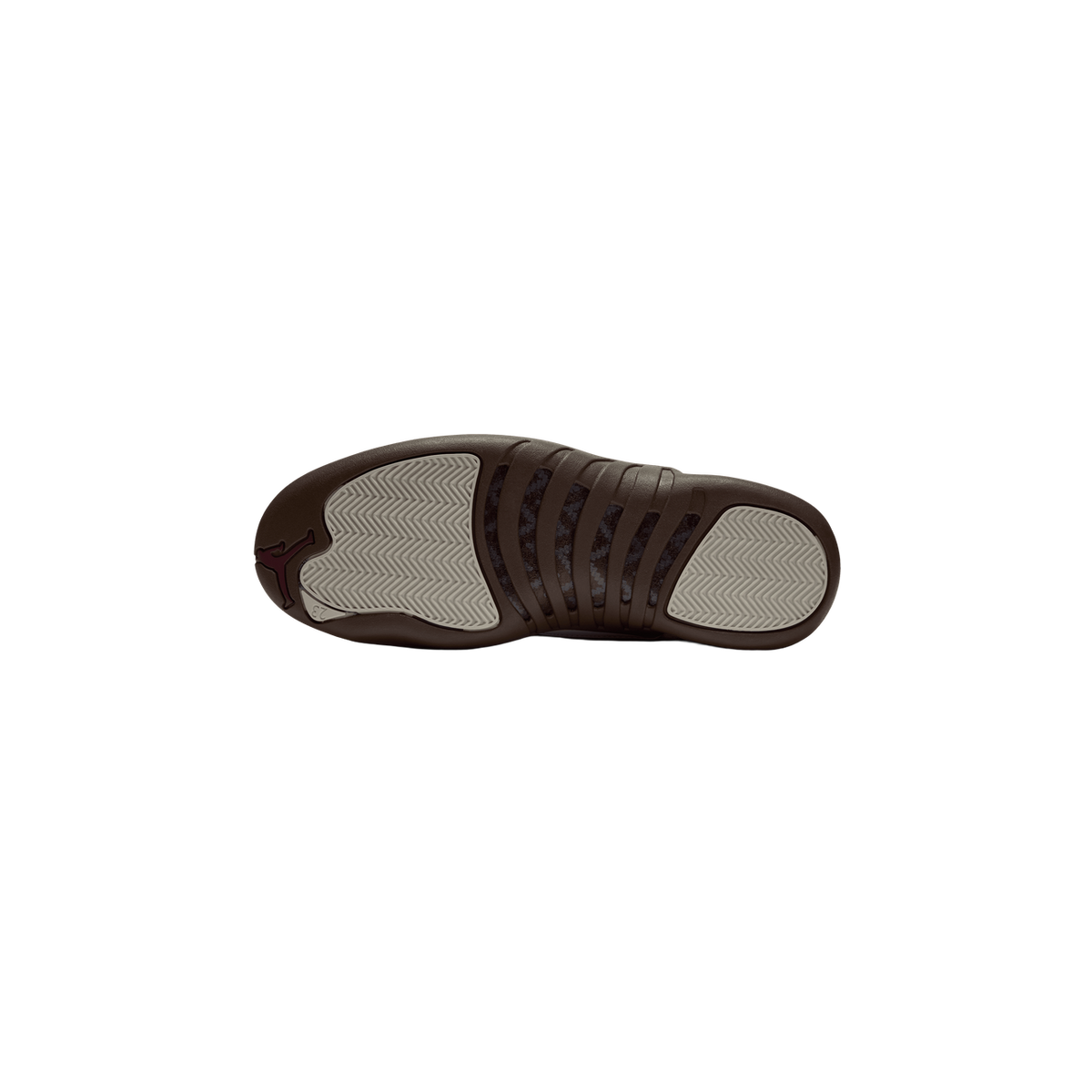 Bottom view of a brown Air Jordan 12 sneaker showing the tan herringbone outsole and Jumpman logo near the heel.