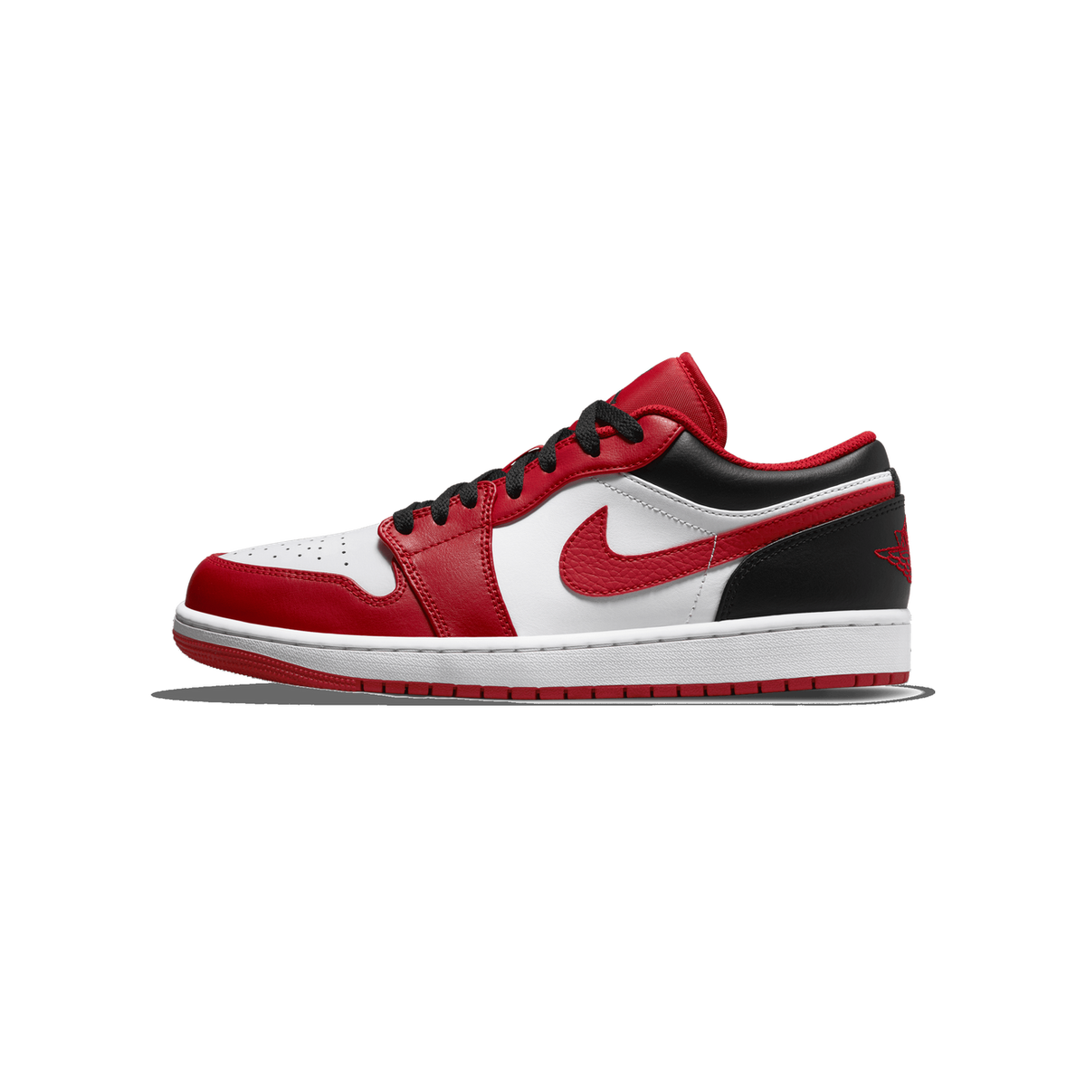 A single red, white and black Air Jordan 1 Low shoe in profile, toe pointing left, showing the lateral side with the Nike Swoosh and the Jumpman logo on the heel.
